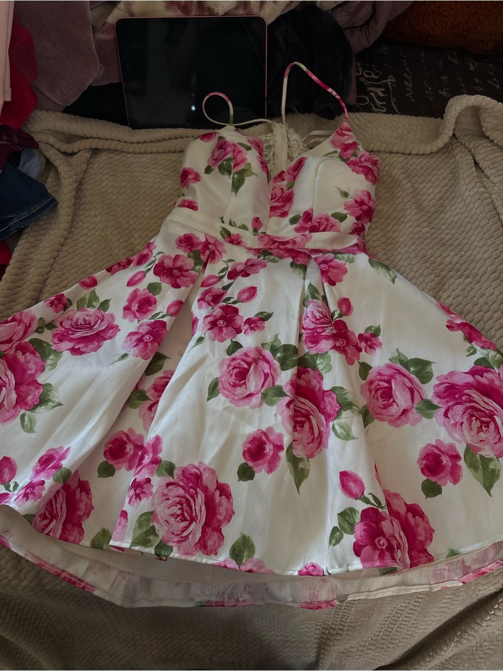 B. Smart White Dress with Pink Rose Print